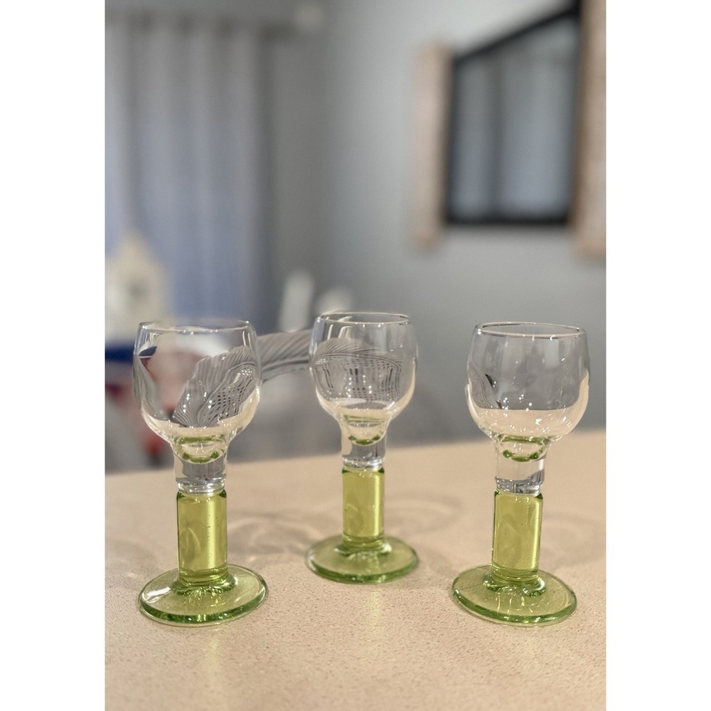 Bormioli Rocco Italy Green Stem Cordial Crystal Shot Glass Vintage Set of 3 MCM
